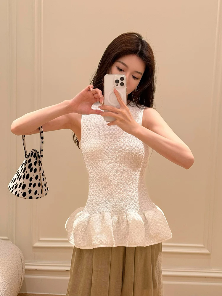 

SMOL Moonlight Qinghe Двухцветный вязаный жилет с волнообразной текстурой, уникальный дизайн, топ из смесового полиэстера и спандекса, повседневный стиль