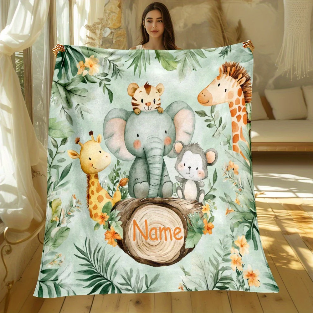 Personalized Jungle Animals Blanket Cute Cartoon Elephant Giraffe Tiger Monkey On Log Design Custom Name Soft Fleece Throw Gift