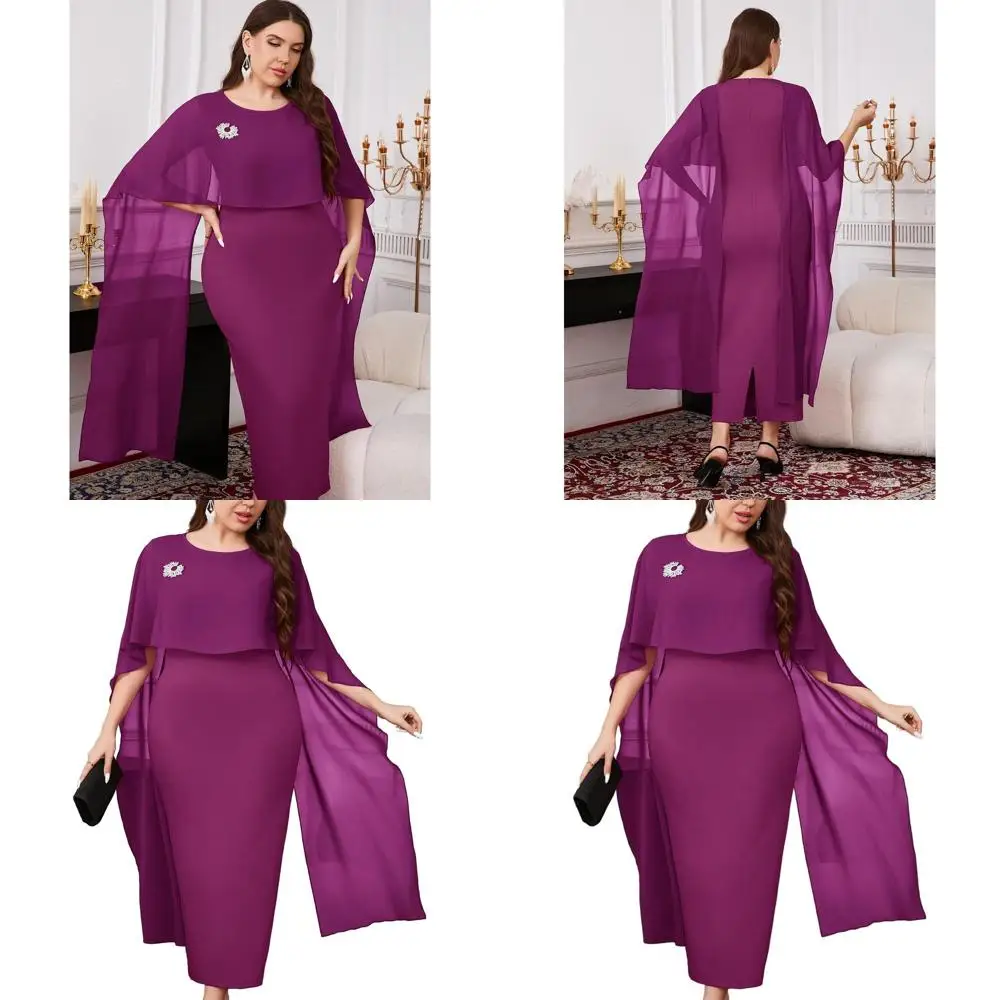 

Elegant Chiffon Cape Maxi Dress for Plus Size Women - Crew Neck Cocktail Pencil Dress for Weddings and Events