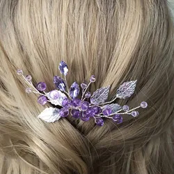 Bride Wedding Hair Combs Purple Crystal Beaded Hairpins Side Clip Silver Color Alloy Leaf Headpiece for Woman Party Hair Jewelry