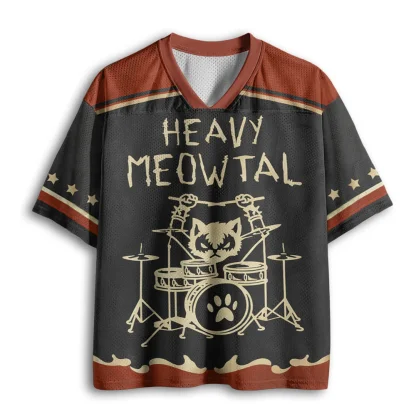 Heavy Meowtal Cat Drum Kit Print Men V Neck Mesh Jersey Rock Music Streetwear Short Sleeve Top