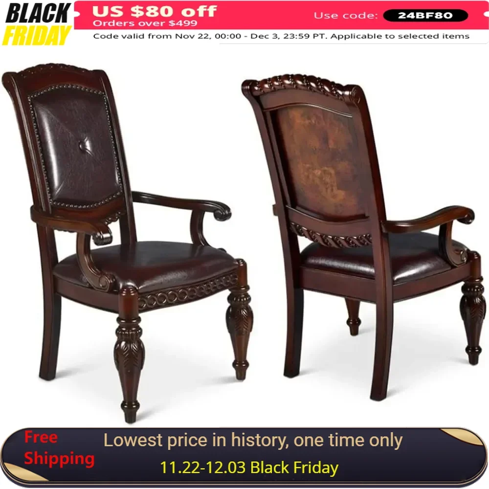 Dining Chair Set of 2 with Wood Frame, Button Tufted Leather Arm Side Chairs, Leather Dining Chair