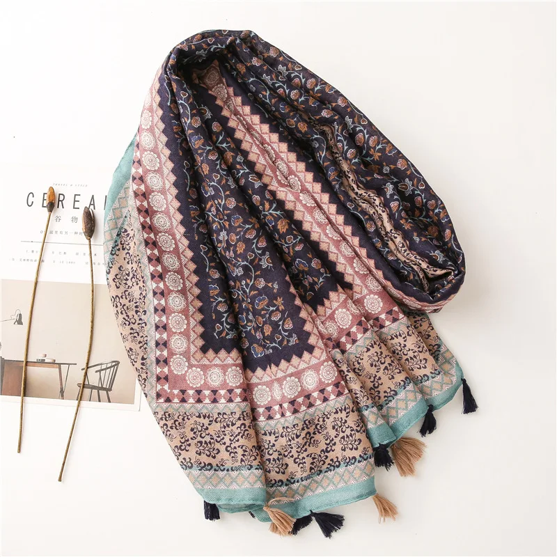 2024 New Fashion Luxury Ladies Women Scarf Female Cotton Linen Shawl Tassel Four Seasons Versatile Floral Muslim Hijab 90*180cm