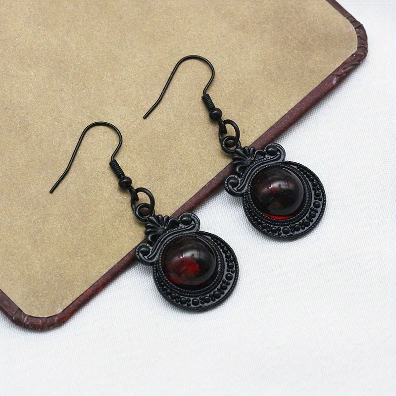 Vampire Blood Red Round synthetic gems Decor Black Dangle Earrings Retro Goth Style Alloy Jewelry Creative Female Gift Daily Cas