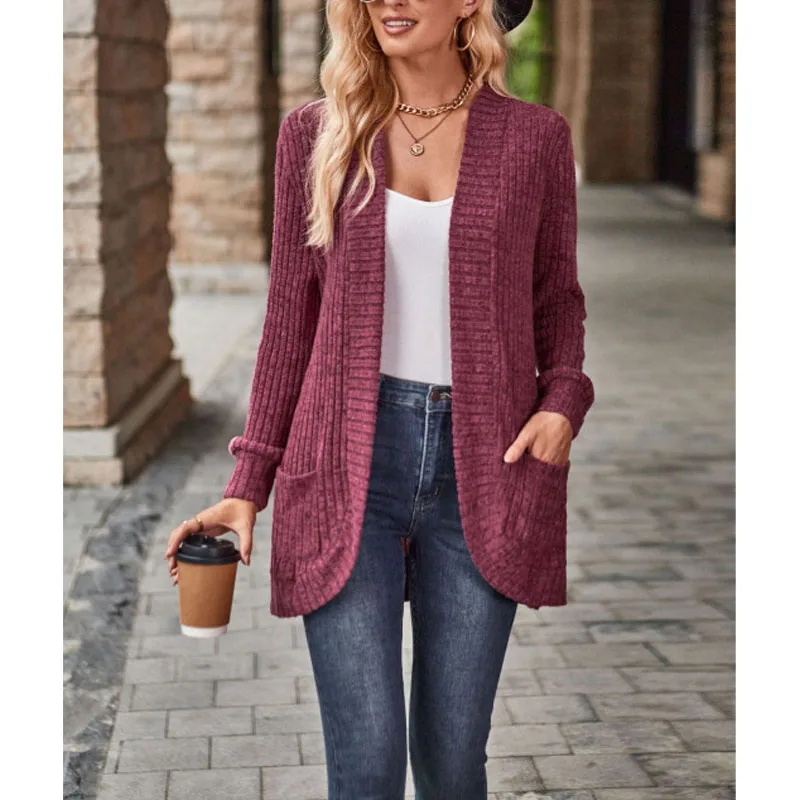 

Autumn and Winter New Solid Color Screw Thread Pockets Casual Knitted Spliced Long Sleeve Fashion Loose Women's Sweaters Tops