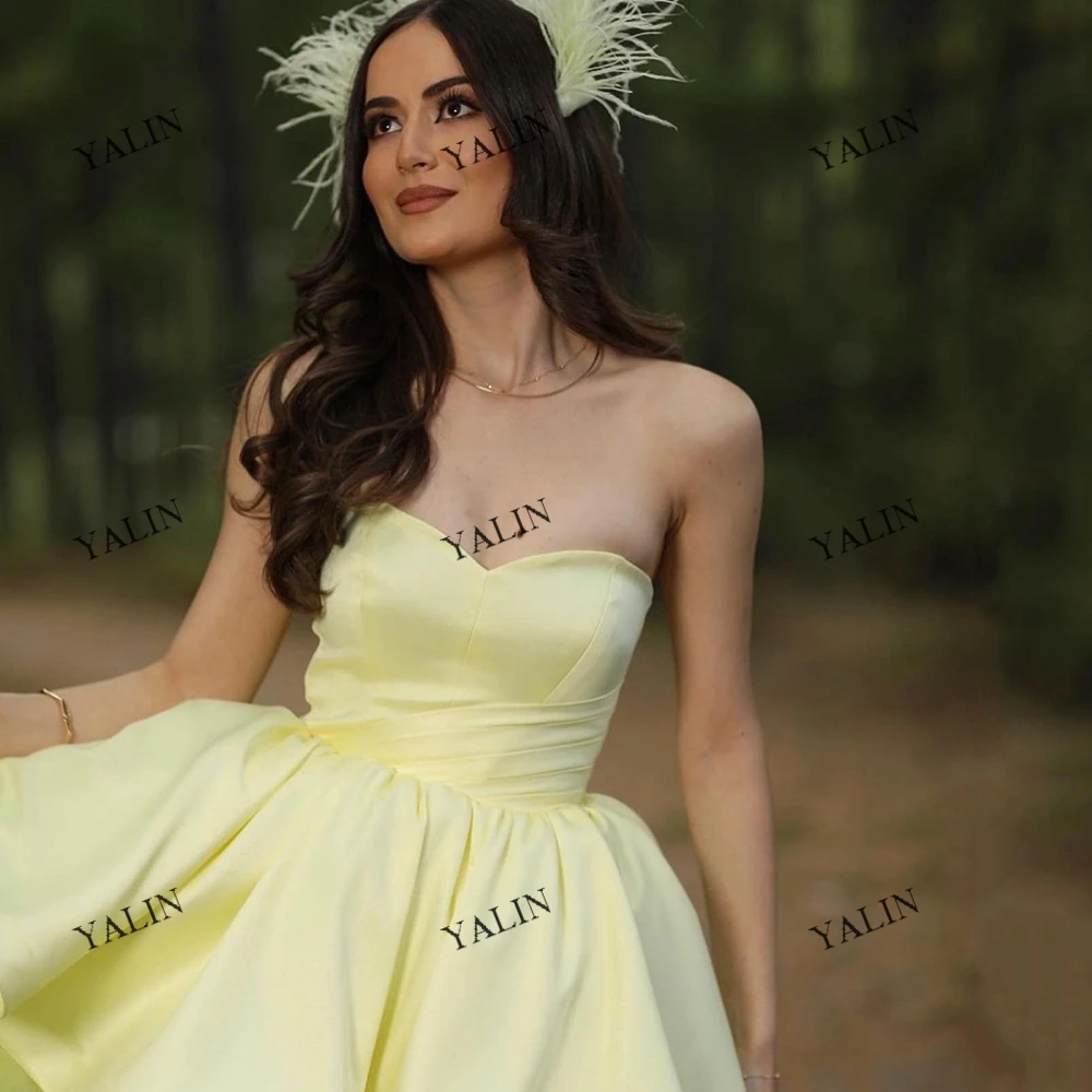 Customized Lemon Yellow A-Line Reunion Classmates Dresses Strapless Puffy Tulle Prom  Simple Tea-Length Special Occasion Gowns