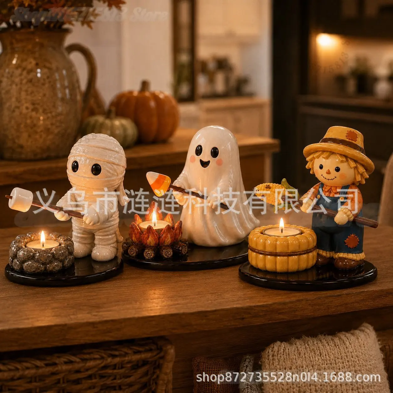 2026 Halloween Campfire Character Tealight Candle Holder, Cute Ceramic Mummy Ghost Scarecrow Mini Tabletop Tea Light Decor