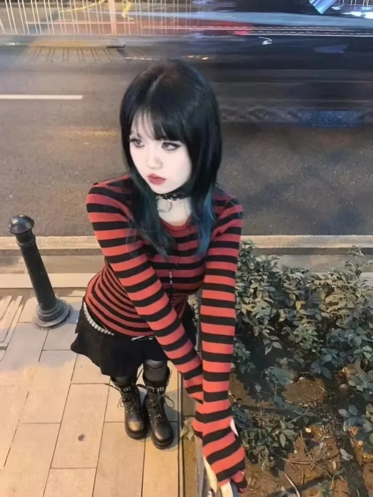 Red Y2k Striped Pullovers Gothic Clothes Emo Girls Asymmetrical Harajuku Slim Kawaii Retro Long Sleeve Pull Femme Sweaters Chic