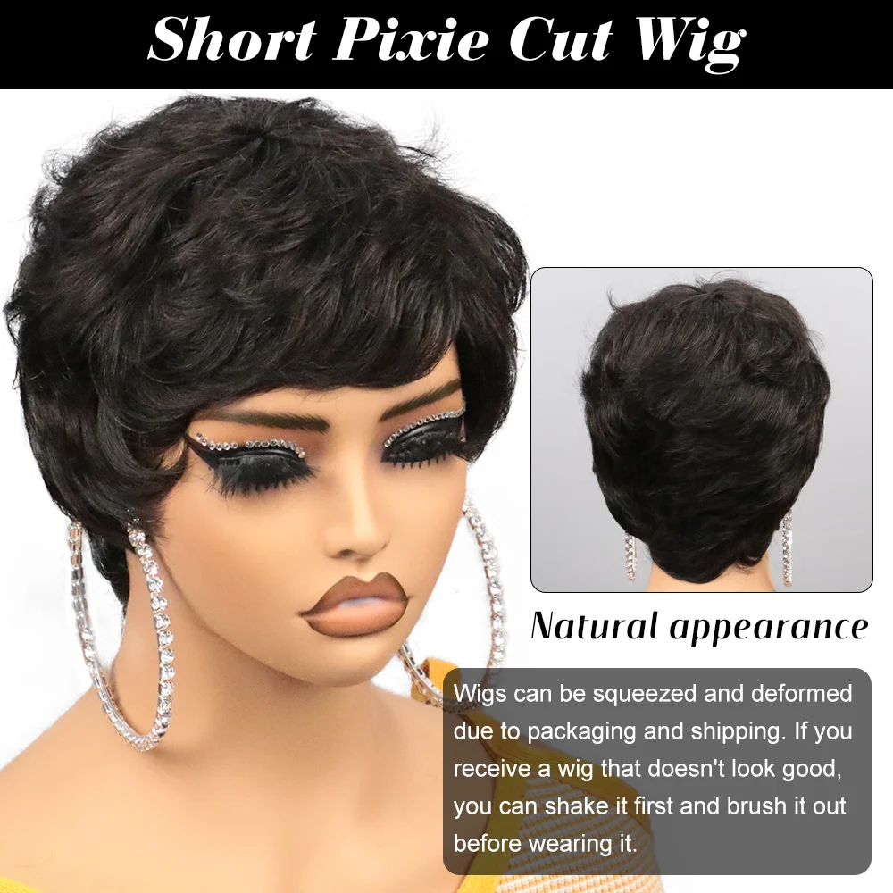 Korte bobpruik Echt haar voor zwarte vrouwen Pixie-cut pruiken Pruik van echt haar Lijmloze pruik Geen Kanten pruik met pony Natuurlijk zwart