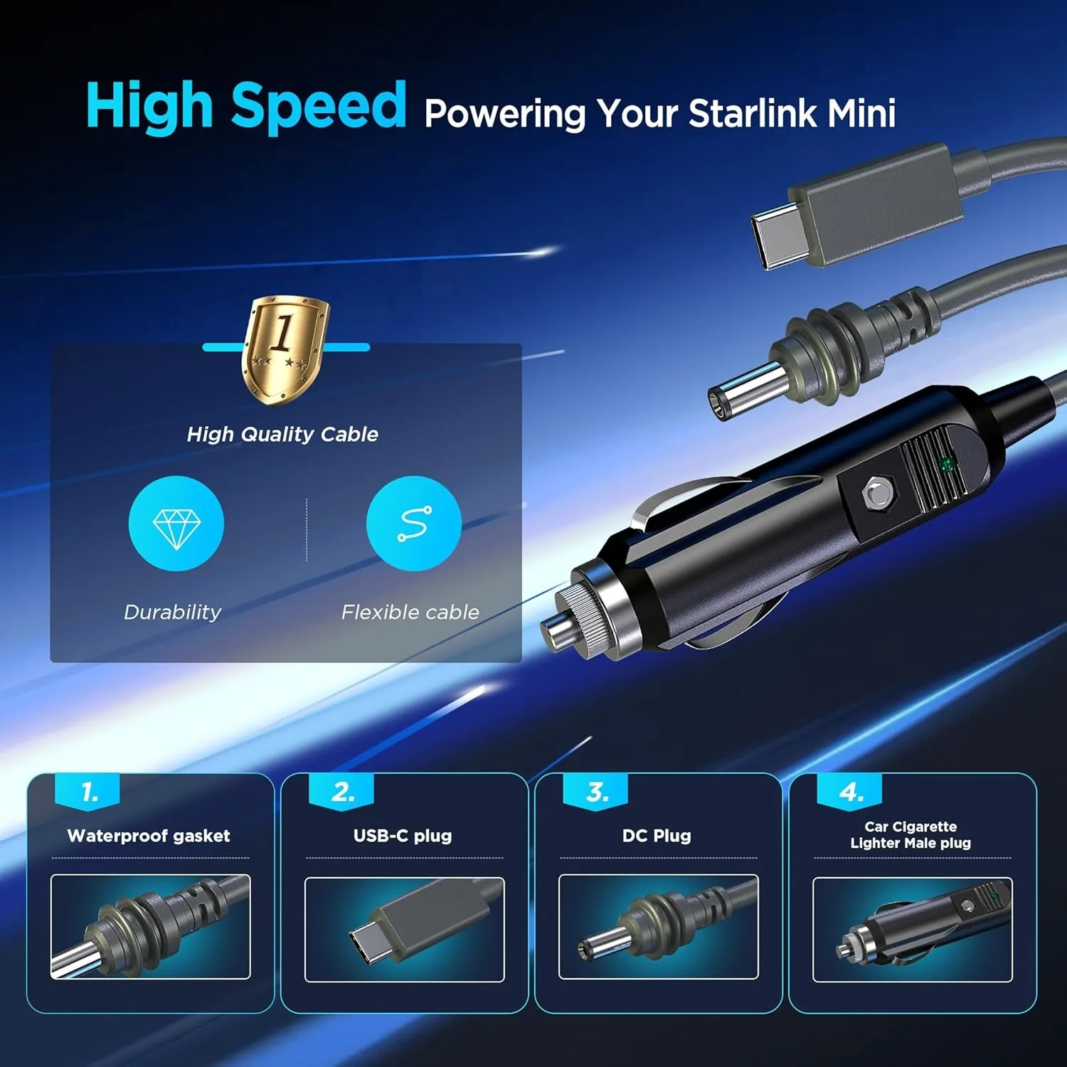 3 in 1 Starlink Mini Cable , High-Speed USB C/Car Charger/DC to DC Replacement Cable  Power Cable Accessories view 5