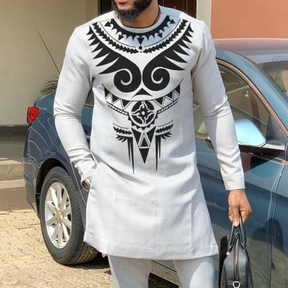 Brand New African Man Outfit Set Gray Patchwork Tops Design Printed Men\'s Sets Shirt With Pant African Fashion Male Groom Suits