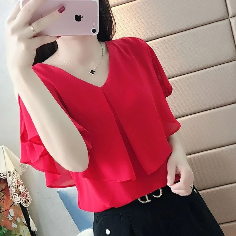 2025 Summer Women V-Neck Chiffon Blouses Solid Short-sleeve Shirt Tops Lady Loose Pullovers Female Oversize Shirts Black White