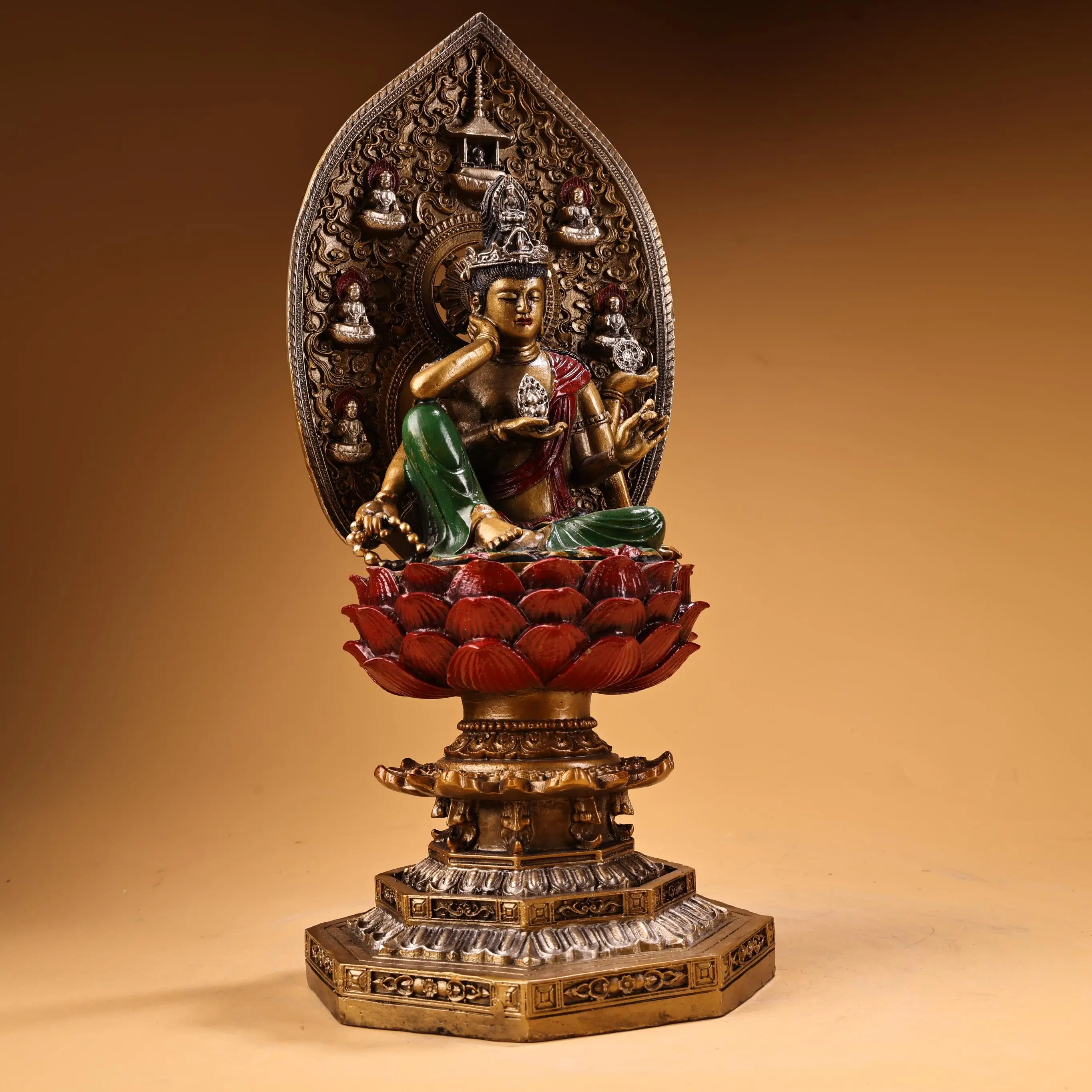 Nepalese Temples Old Bronze Painted High Relief Six arms Ruyi Guanyin Sitting Buddha Backlit Buddha Platform Worship Hall