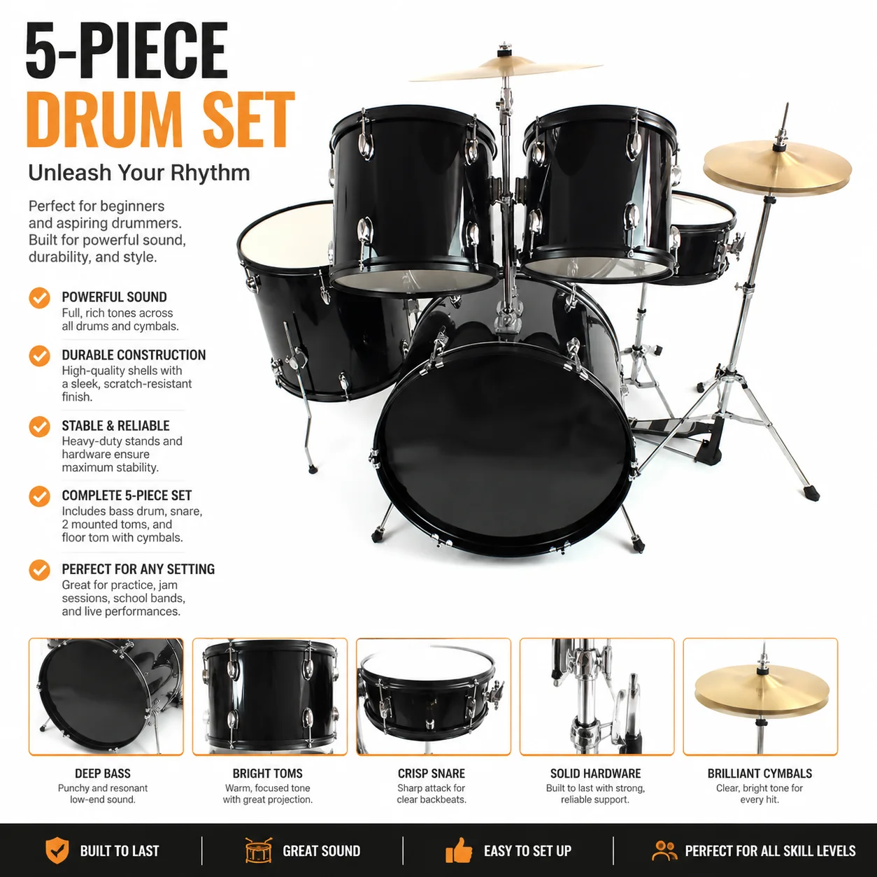 High Quality Drum Kit Musical Instrument Manufacturer Professional 5 Drums Set With Pedal Cymbals Stands Stool and Sticks