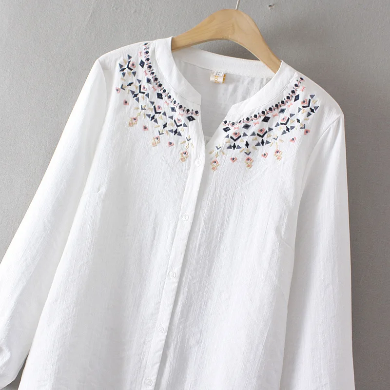 New Autumn Artificial Cotton Shirts Women Basic Large Top Girl Embroidery Casual Retro Fashion Loose Blouses Spring 4XL T39374QM