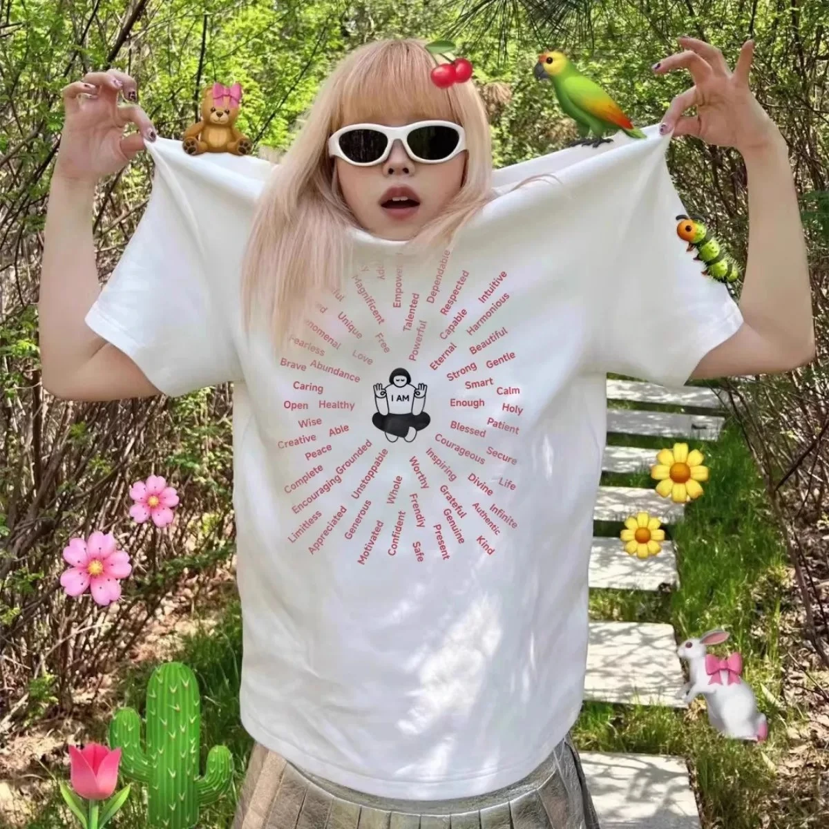 Street Unique Women Loose Cotton T‑Shirt Y2K Spiritual Meditation Positive Affirmation Radiant Print Casual Short Sleeve Tee Top