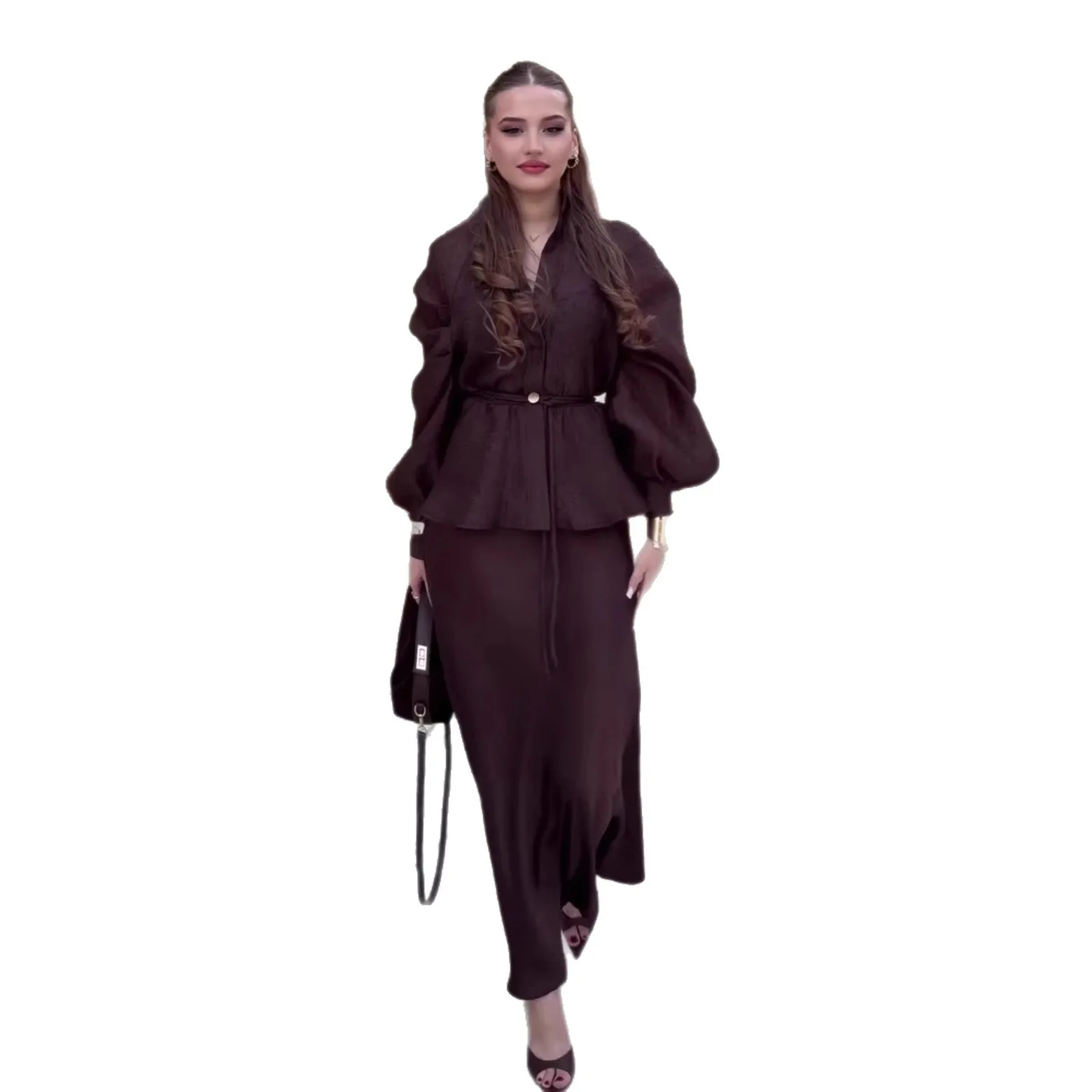 Women Two Piece Sets Skirt Set Full Lantern Sleeve V Neck Belt Tops Skirts A Line High Waist Y2k Streetwear Elegant Work Spring image 5