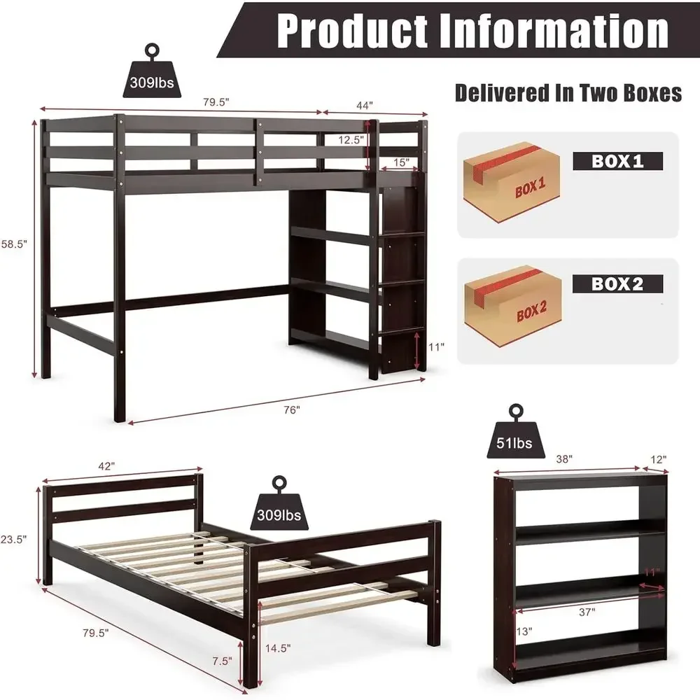 Wooden L-Shaped Bunk Bed with Storage, Guardrails, Ladder, Suitable for Kids, Teens, and Adults, Convertible to Two Separate Bed