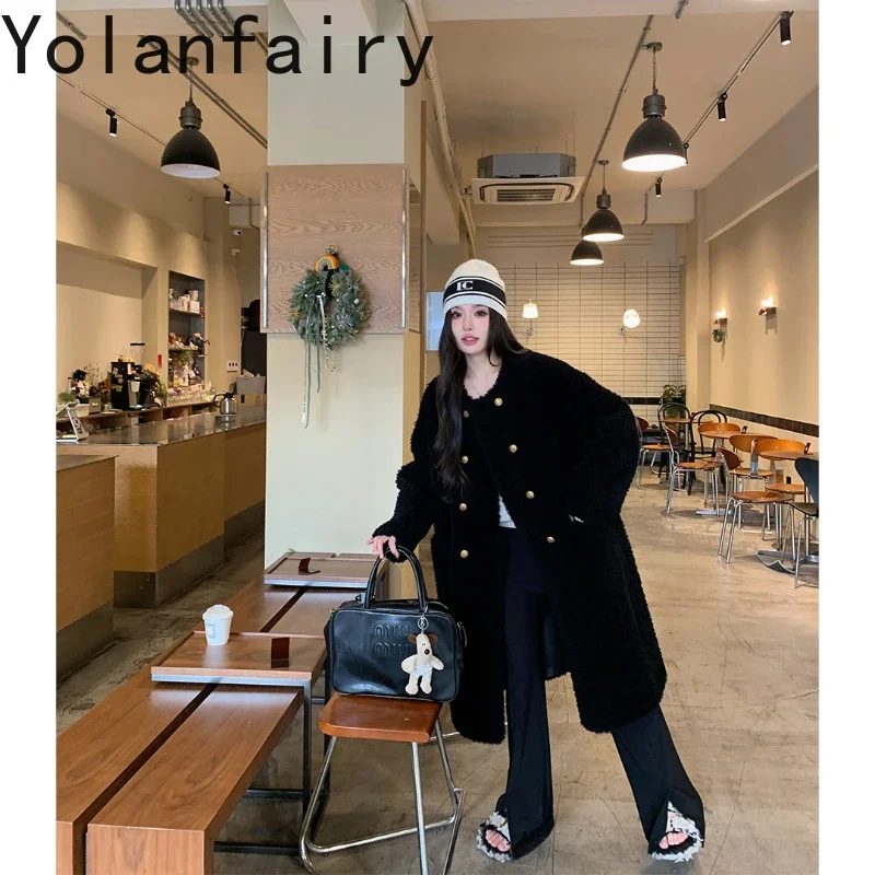 Yolanfairy-女性のためのオーストラリアの羊毛のコート,100% 本物の素材,長いコート,複合毛皮,ゆったりとしたスタイル,冬