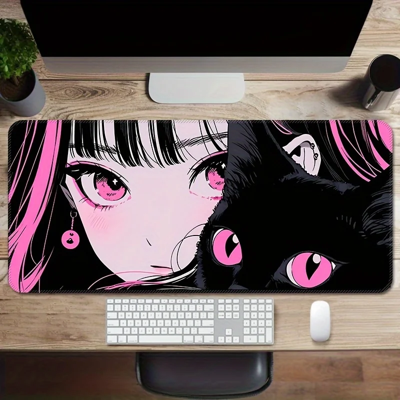 Gaming Mouse Pad Anime Black Cat Eyes Setup Gaming Keyboard Long Pad Computer Desk Mat Large Rug Office Gadgets Kawaii Laptop