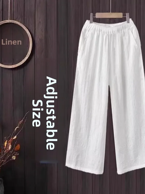 الصيف العصرية المرأة القطن الكتان واسعة الساق سراويل تقليدية عالية الخصر مرونة الخصر سبعة أقدام السراويل الكورية Sle تخفيف الرياح #1