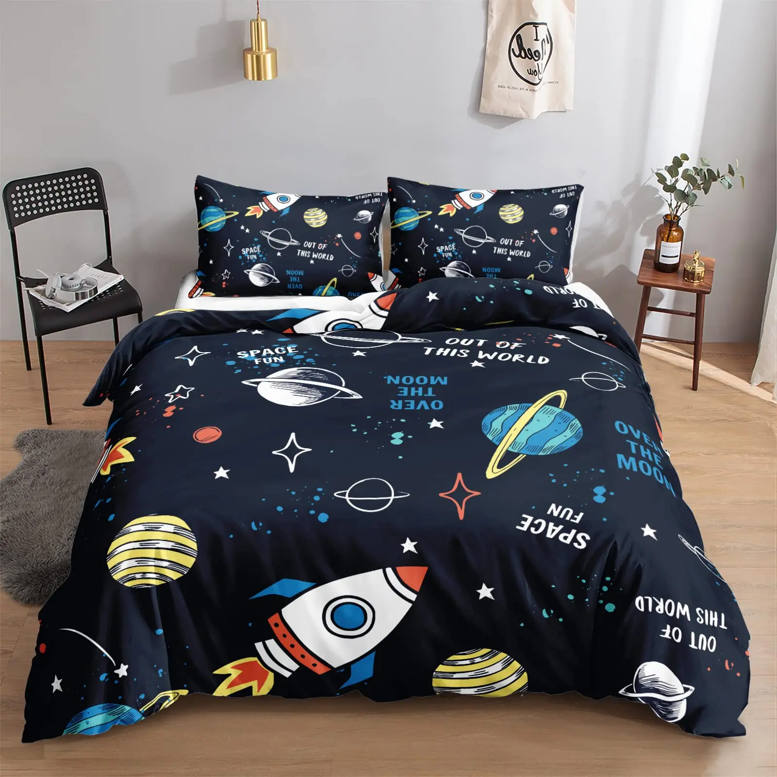 

Modern Rocket Ship Duvet Cover Set Full Size,Space Ship Galaxy Bedding Set,boys Girls Rocket Planet Star Cartoon Comforter Cover