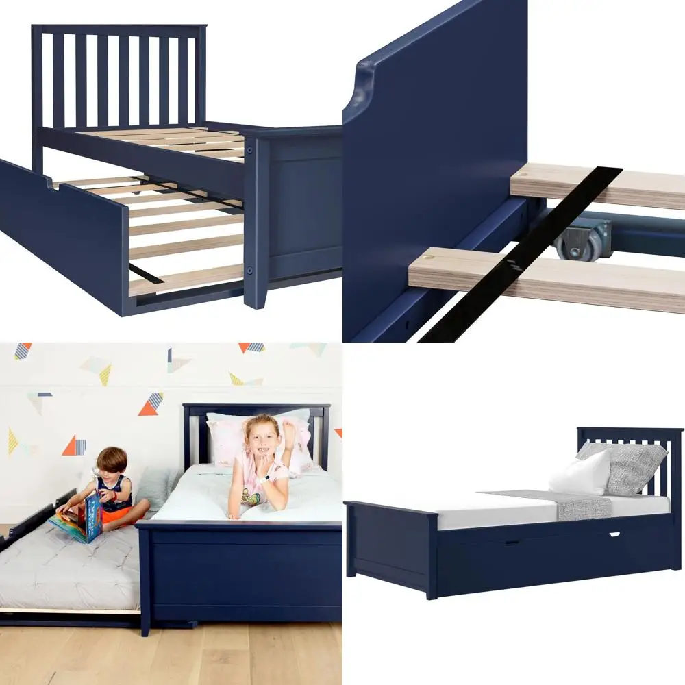 

Двухъярусная деревянная кровать синего цвета с ламельным основанием и выдвижным спальным местом для детей