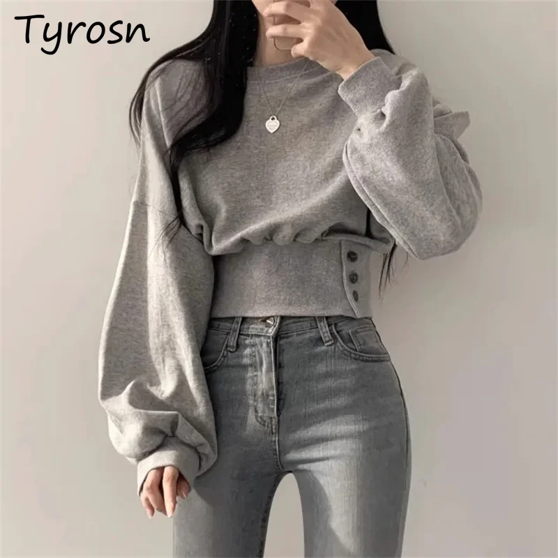 

Sweatshirts Women Long Sleeve Patchwork Crop Korean Trendy Sporty Autumn Prevalent Designed Button Slender Aesthetic Hipster