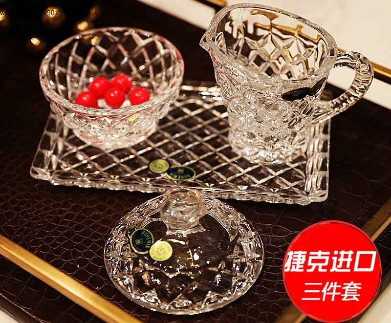 Imported crystal glass coffee cup milk tank set milk tank with lid sugar tank tray
