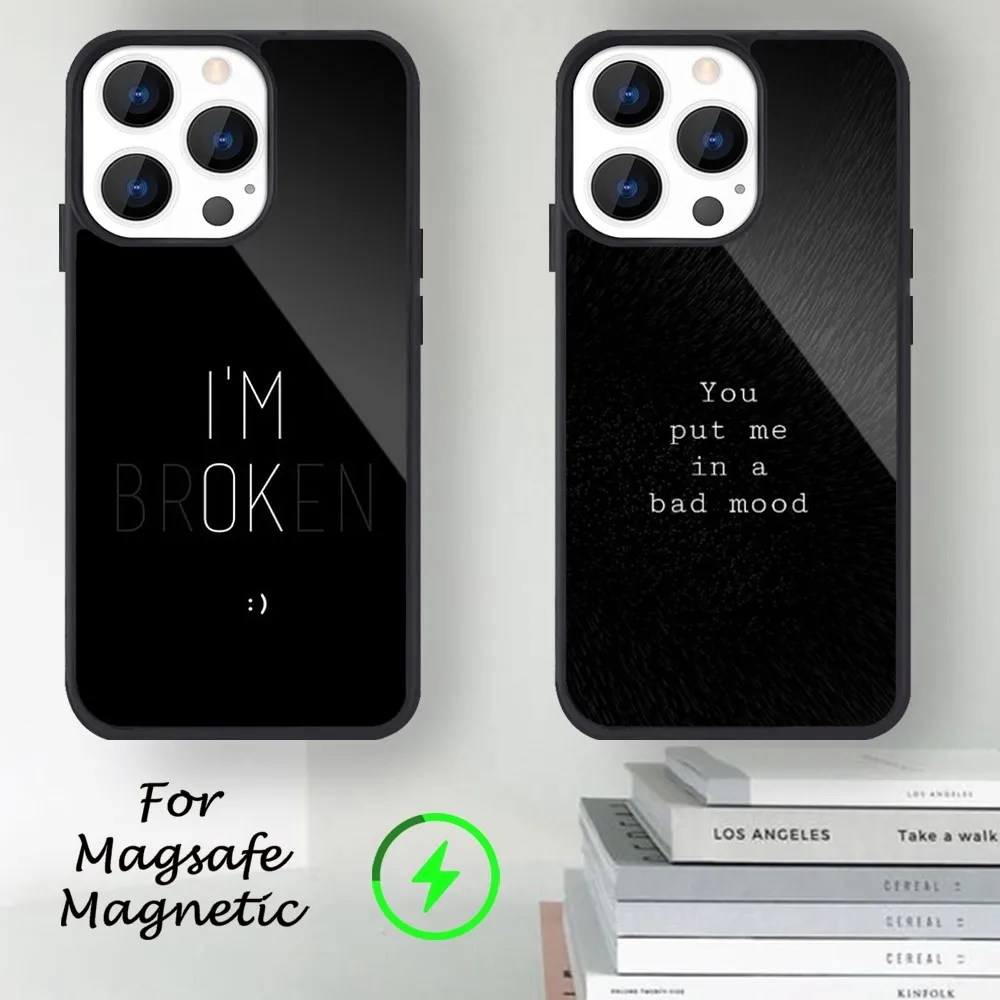 Sad Depression Black Word Phone Case For iPhone 14 13 12 11 15 Pro Max Magsafe Magnetic