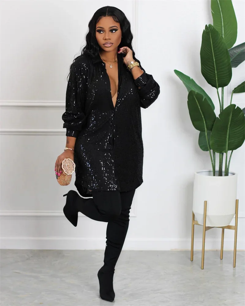 

Fashion Glitter Sequins Shirt Dress Women Lapel Single-breasted Cardigan Dresses Female New Chic Nightclub Club Party Loose Gown