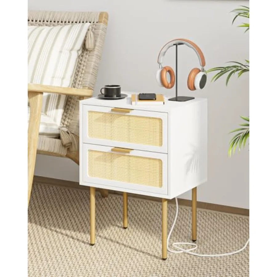 

Nightstand with Charging Station, Rattan Nightstand for Bedroom, Small Bedside Table with Drawers, Night Stand, End Table with