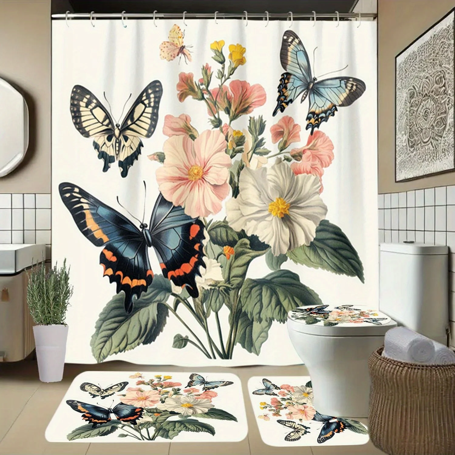 

4pcs Flower, Butterfly, Leaf Pattern Shower Curtain with Hooks, Bathroom Partition Curtain, Bathroom Accessories, Home