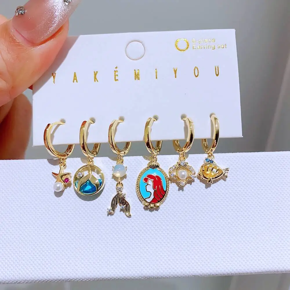MIGGA 6pcs Lovely Fairy Tales Princess Pendant Dangle Earrings Set Gold Plated Cubic Zircon Women Jewelry