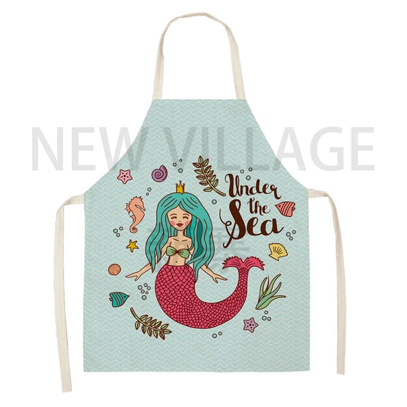 2022 Kawaii Girl Mermaid Sleeveless Aprons Kitchen Women Linen Apron Home Cooking Baking Waist Bib Baking Accessories фартук