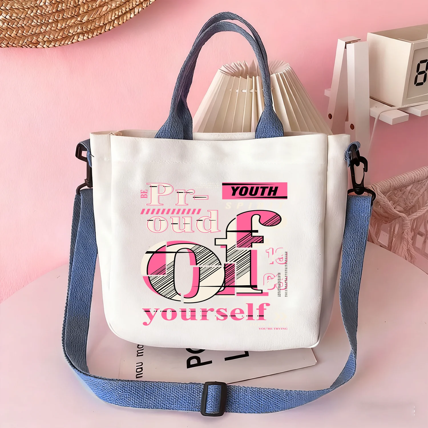 

"BE PROUD OF YOURSELF" Patterned Handbag & Crossbody Bag — A Stylish Tote and Cosmetic Organizer for Travel and Vacations