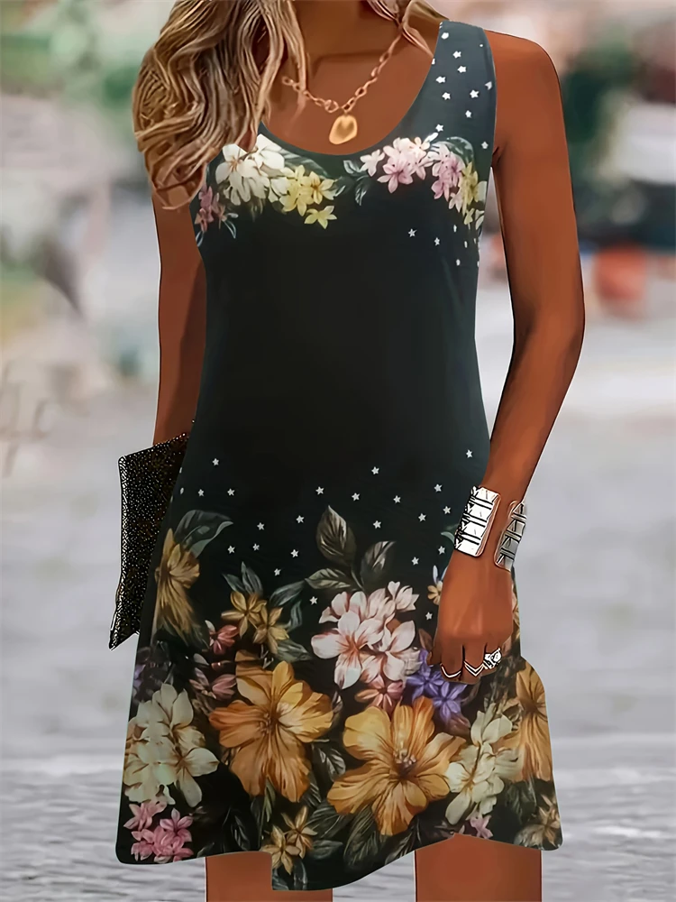 2025 Summer New Women's Sleeveless Dresses Knee Round Neck Dresses Beach Vacation Casual  Floral Printed Women's Dresses