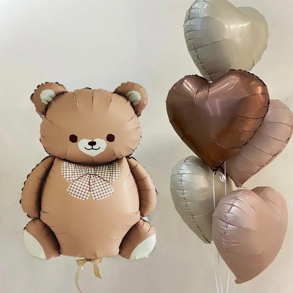 7pcs Brown Teddy Bear Retro Cream Baby Pink Love Foil Balloon Set Birthday Party Welcome Baby Shower Party Decoration Kids Toys