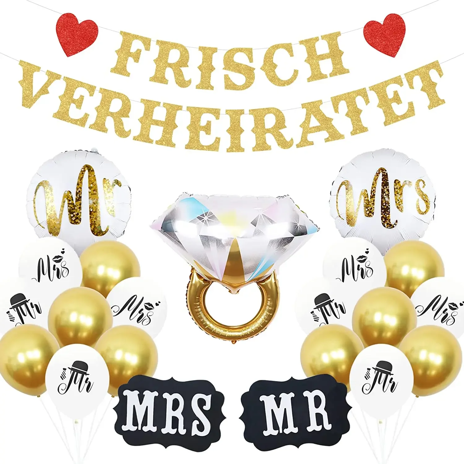 

White Gold Wedding Theme Set with FRISCH VERHEIRATET Banner, Mr. and Mrs. Print Balloons, Proposal Wedding Party Decorations