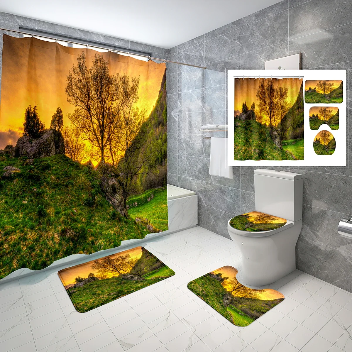 4 PCS/Set Landscape Shower Curtain Sets,Sunset Mountain Village Waterproof Bathroom Curtain,Toilet Lid Cover,Non-slip Bath Rugs