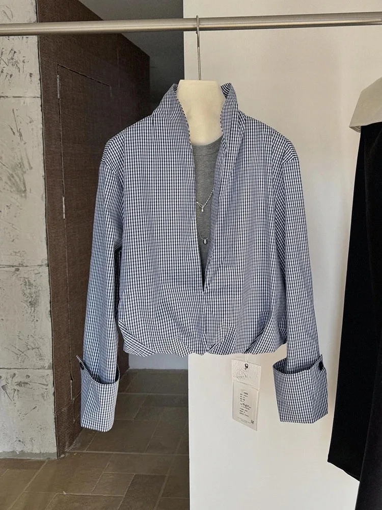 Faionable Retro Plaid Deep V-ne irt Damen Early Spring Layering Fake Zweiteiler irt Korean Sle Straight Cut Long S...