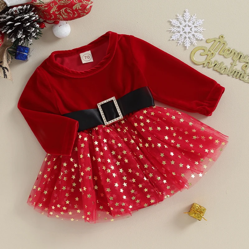 

Baby Girls Rompers Dress Christmas Clothes Square Buckle Belt Sequins Stars Layered Tulle Skirt Hem Long Sleeve Bodysuits