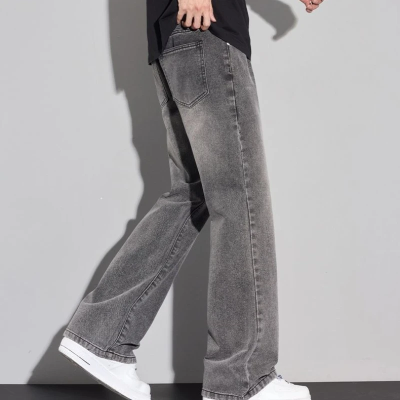 2026 New Arrival Mens Vintage Washed American Grey Jeans Straight Wide Leg Height-Increasing High Street Pants