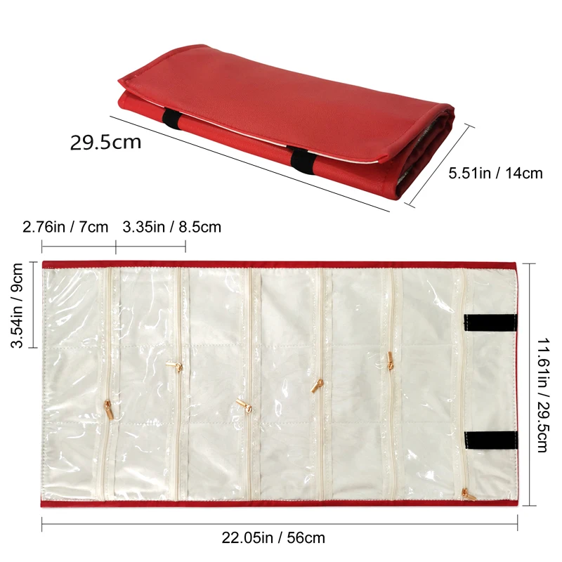 Red Leather 18 Girds Foldable Jewelry Roll Bag Portable Travel Earring Necklace Ring Organizer Pouch Bracelet Ear Stud Storage