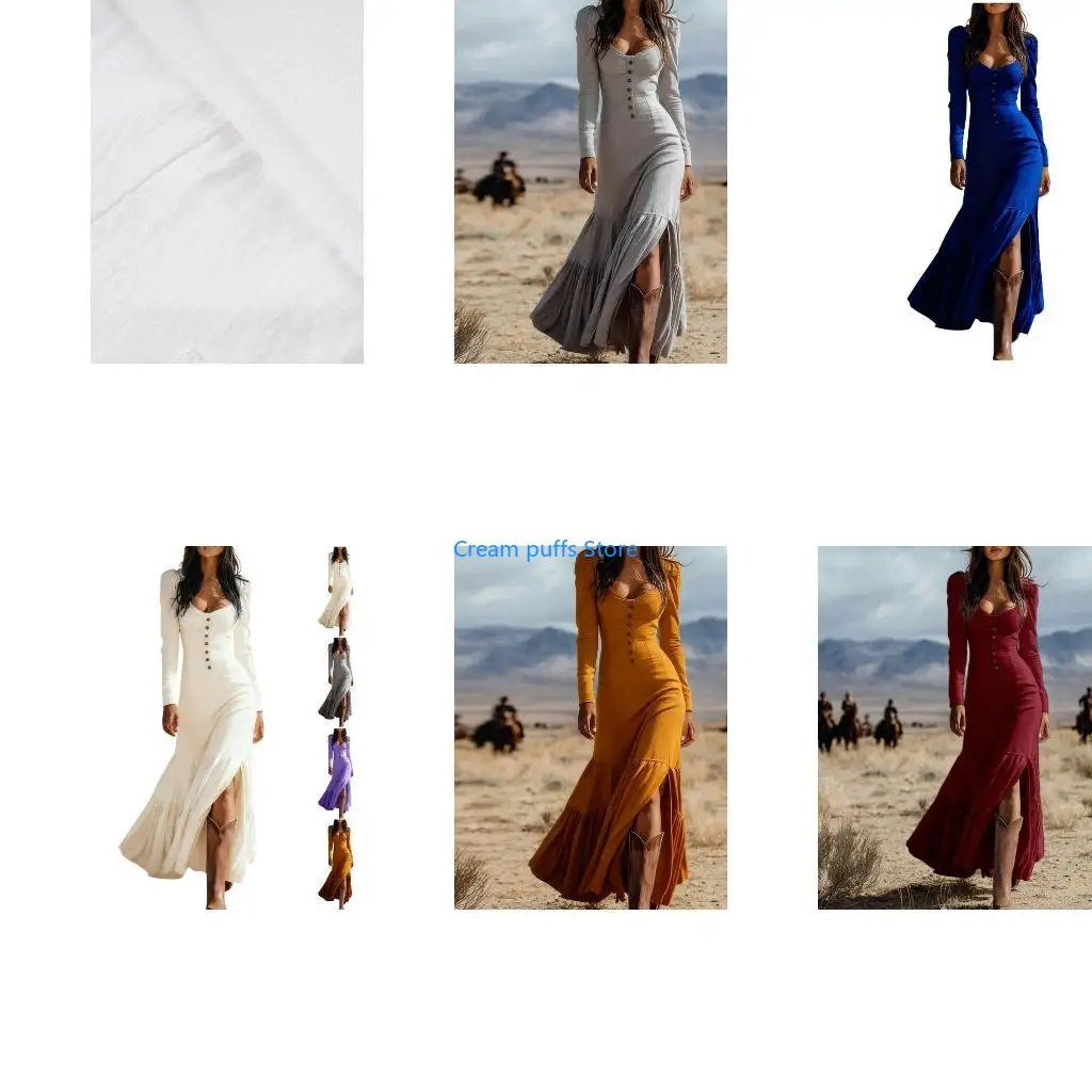 

50LE Color Women Western Gown Long Sleeve Button Front Deep Neck Cowgirl Dress