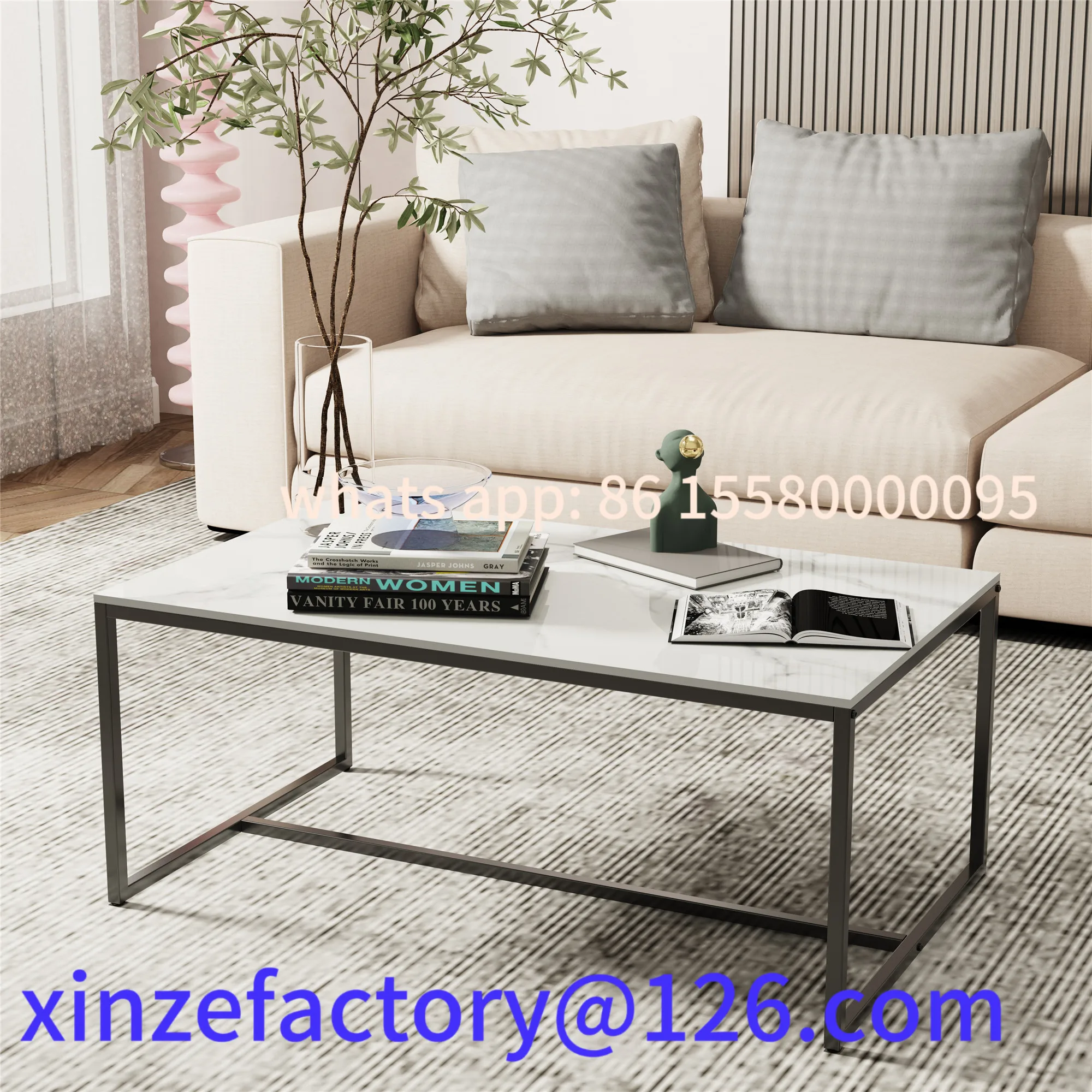 

Customizable Grey Sofa Center with Black Metal Frame - Rectangular Furniture Decor Table