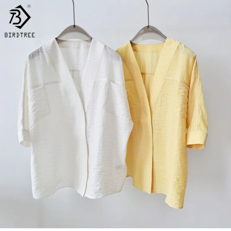 Birdtree,71.3% Mulberry Silk 28.7% Nylon Blouse,Women's Dry Silk Solid V-neck Shirts,Raglan Sleeve Tops,2025 New Shirt T5D320JF