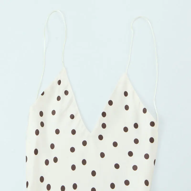 Novo Vestido Midi F de Verão em Seda Satin com Textura de Poá, Cintura Alta, Sem Alças, Decote em V, Estilo Casual e F...