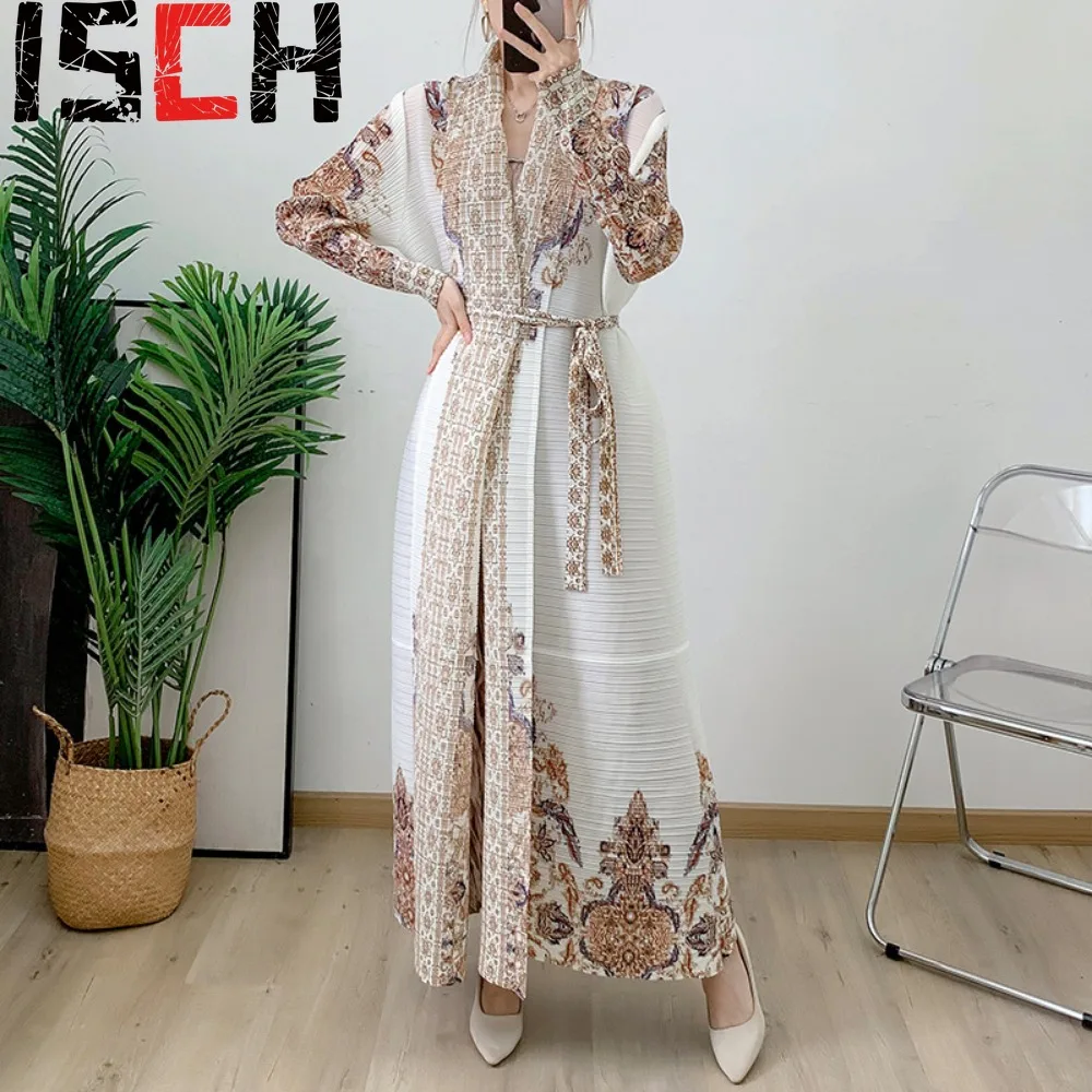 

Pleated Printed Long Trench Coat Jacket Women's Elegant Loose Large Size Middle East Cardigan Long Gown Holiday Dress Cardigan