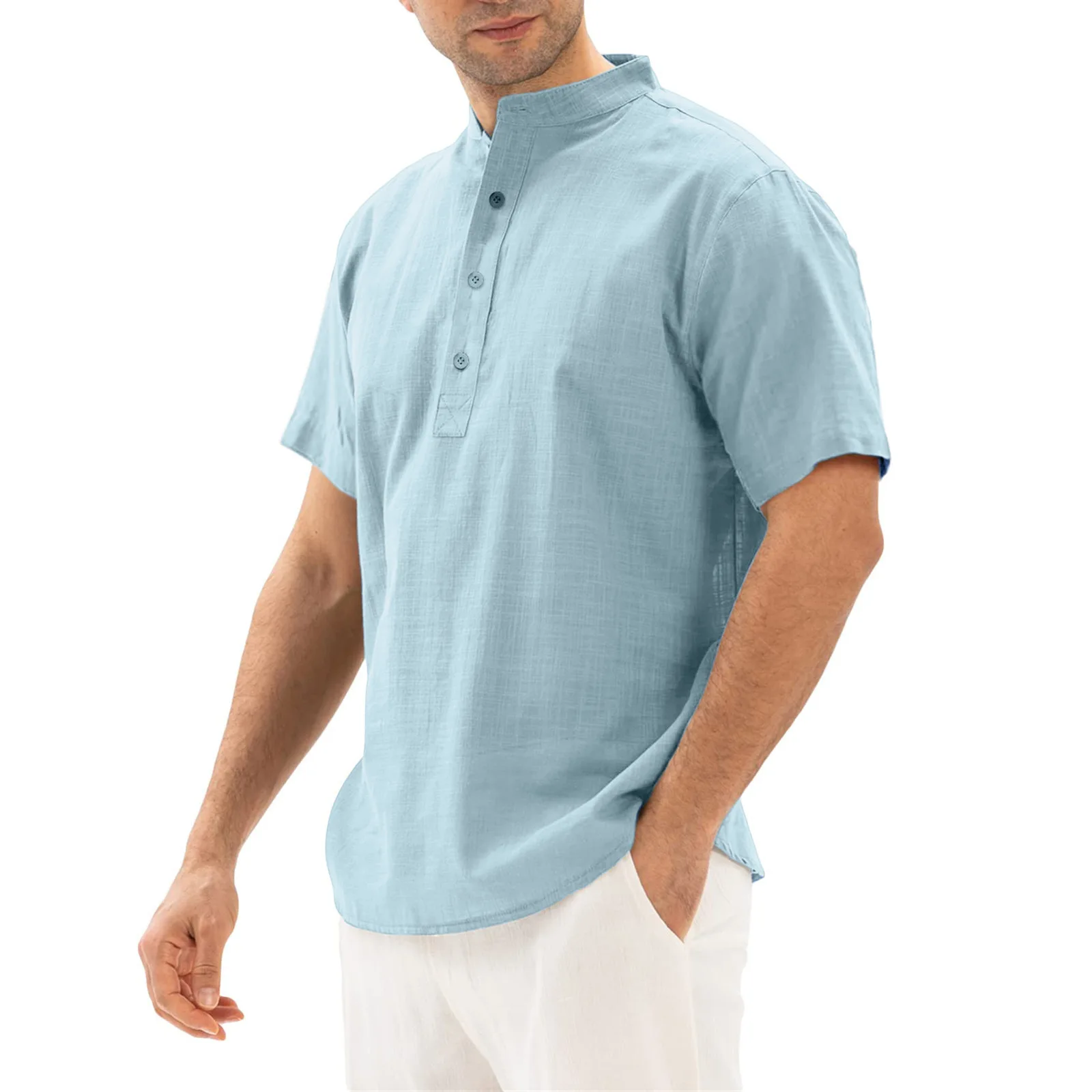 Camisas casuais de linho algodão masculinas, manga curta, gola alta, verão, camisas masculinas bonito, 2024